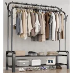 DOUBLE POLE CLOTH RACK WITH HOOKS AND BOTTOM 2 LAYER STORAGE, STORAGE SHELF WITH CLOTH RACK