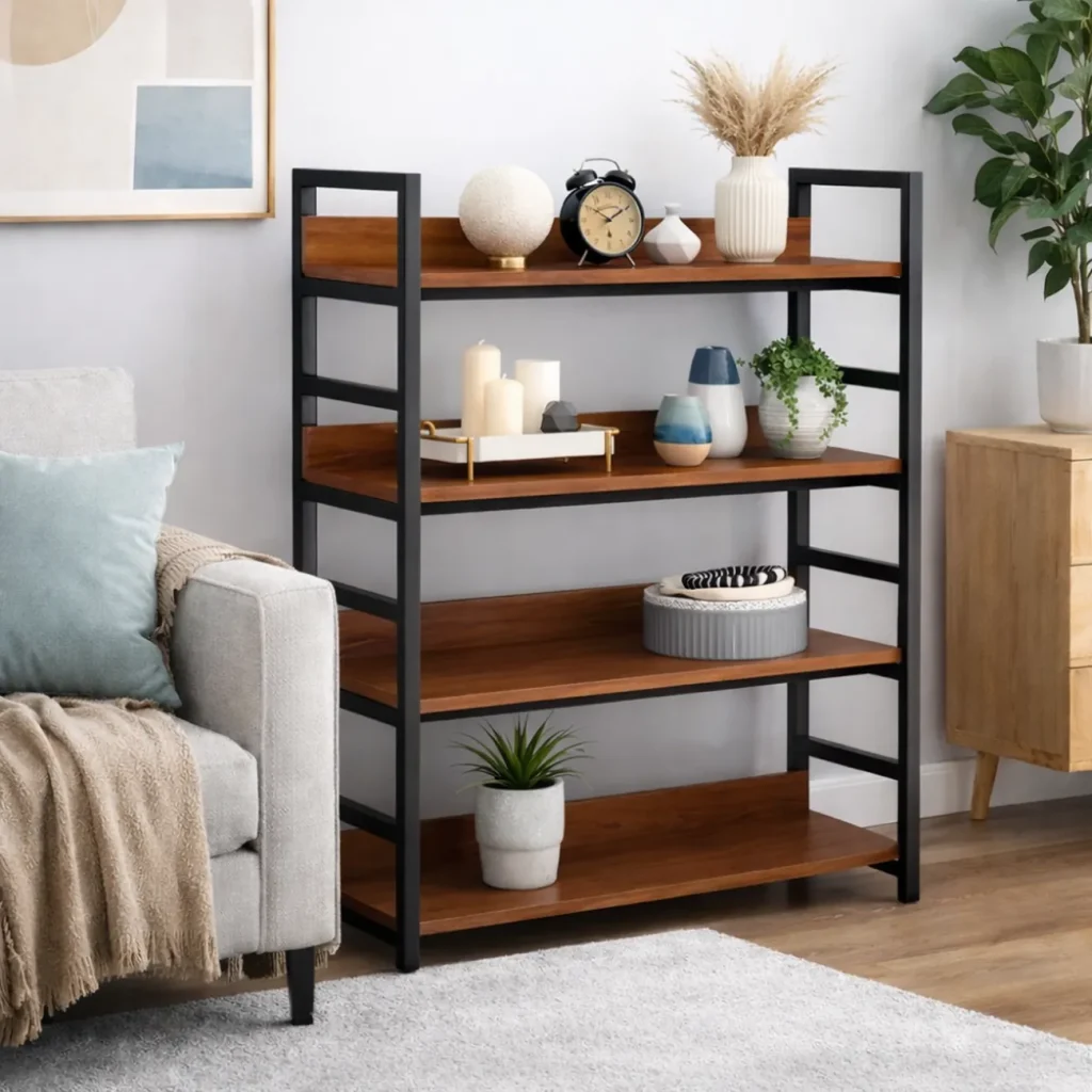 4 TIER STEEL DISPLAY RACK - WOODEN SHELF STANDING RACK - BOOKSHELF