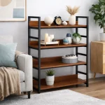 4 TIER STEEL DISPLAY RACK - WOODEN SHELF STANDING RACK - BOOKSHELF