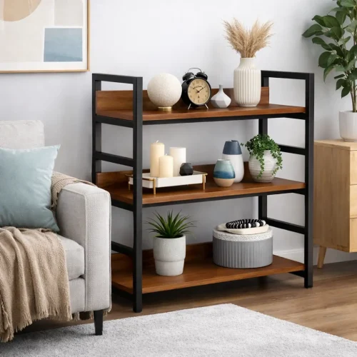 3 TIER DISPLAY RACK FOR KITCHEN AND OFFICE - STEEL STANDING BOOKSHELF WITH WOODEN SHELF