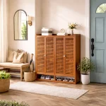 4 DOOR SHOE CABINET | 9 SHELF BAMBO0 WOODEN STORAGE CUPBOARD - Image 3