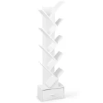 10 TIER TREE SHAPE BOOKSHELF, WITH DRAWER ORGANIAERS FOR BOOKS AND MAGAZINES, WHITE WOOD COLOR