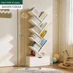 10 TIER TREE SHAPE BOOKSHELF, WITH DRAWER ORGANIAERS FOR BOOKS AND MAGAZINES, WHITE WOOD COLOR