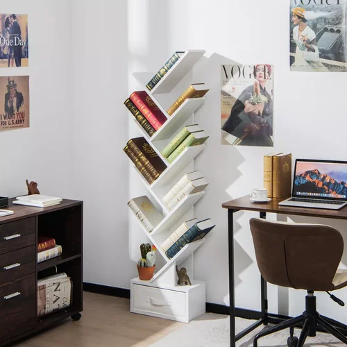 10 TIER TREE SHAPE BOOKSHELF, WITH DRAWER ORGANIAERS FOR BOOKS AND MAGAZINES, WHITE WOOD COLOR