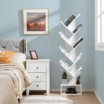 10 TIER TREE SHAPE BOOKSHELF, WITH DRAWER ORGANIAERS FOR BOOKS AND MAGAZINES, WHITE WOOD COLOR