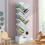 12 TIER TREE SHAPE BOOKSHELF, WITH DRAWER ORGANIAERS FOR BOOKS AND MAGAZINES, WHITE WOOD COLOR