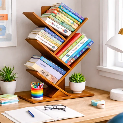TREE SHAPE BAMBOO BOOKSHELF - 4 TIER WOODEN BOOK RACK