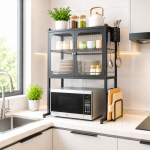 KITCHEN COUNTERTOP MICROWAVE OVEN RACK, MICROWAVE STAND WITH SHELF STORAGE CABINET, MULTIFUNCTIONAL KITCHEN STORAGE, BLACK - Image 3