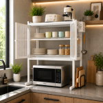 KITCHEN COUNTERTOP MICROWAVE OVEN RACK, MICROWAVE STAND WITH SHELF STORAGE CABINET, MULTIFUNCTIONAL KITCHEN STORAGE, WHITE - Image 7