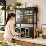 KITCHEN COUNTERTOP MICROWAVE OVEN RACK, MICROWAVE STAND WITH SHELF STORAGE CABINET, MULTIFUNCTIONAL KITCHEN STORAGE, BLACK - Image 4