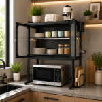 KITCHEN COUNTERTOP MICROWAVE OVEN RACK, MICROWAVE STAND WITH SHELF STORAGE CABINET, MULTIFUNCTIONAL KITCHEN STORAGE, BLACK - Image 5