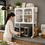 KITCHEN COUNTERTOP MICROWAVE OVEN RACK, MICROWAVE STAND WITH SHELF STORAGE CABINET, MULTIFUNCTIONAL KITCHEN STORAGE, WHITE - Image 4