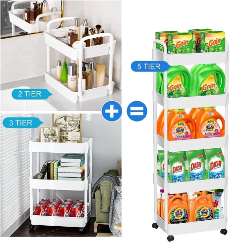 5-Tier Rolling Utility Cart with Handle, Multi-Functional Storage Trolley for Office, Living Room, Kitchen