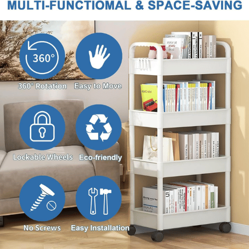 4-Tier Utility Cart with Handle for Office, Kitchen, Living Room, Multi-Functional Storage Trolley