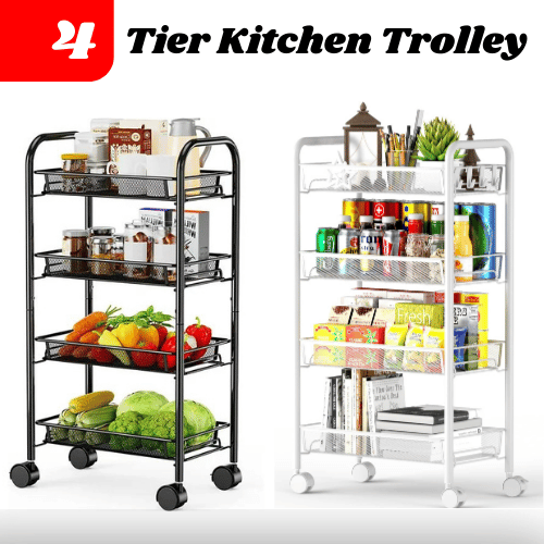 4 Tier Rolling Cart, Kitchen Storage Utility Cart, Multifunction Storage Stand for Kitchen & Bathroom