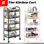 5 Tier Rolling Cart, Kitchen Storage Utility Cart, Multifunction Basket Stand for Kitchen & Bathroom