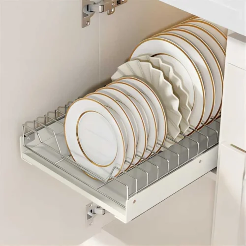 PULL OUT CABINET DISH RACK, SLIDE OUT KITCHEN CABINET ORGANIZER FOR DRYING DISHES AND PLATES