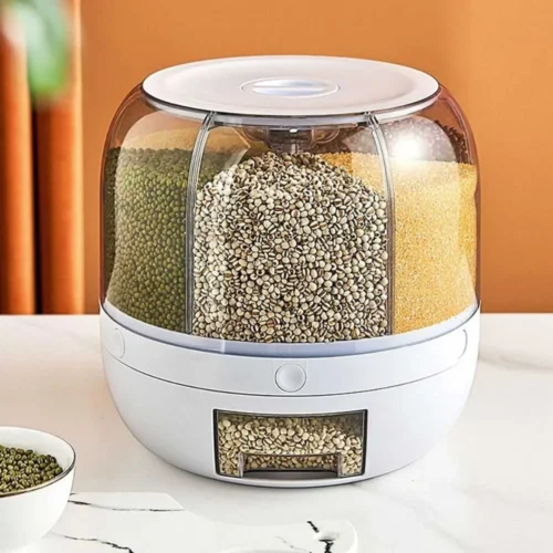 Kitchen Organizer for Grains & Cereals, 6-Grid Round Food Dispenser 360° Rotating Cereal Dispenser, Transparent Dry Food Containers