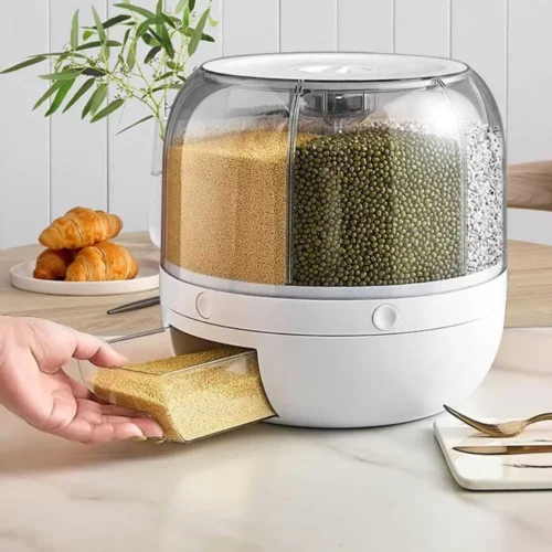 Kitchen Organizer for Grains & Cereals, 6-Grid Round Food Dispenser 360° Rotating Cereal Dispenser, Transparent Dry Food Containers