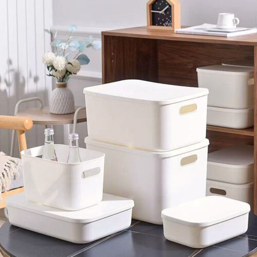 Plastic Storage Box, Baskets to Organise Cupboard shelf, Drawer Organiser Plastic Storage Bins with Lids White Storage Box with Handle Stackable Containers with Lids