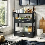 2-TIER BLACK KITCHEN DISH DRYING RACK WITH COVER AND UTENSIL HOLDERDr080 - Image 3