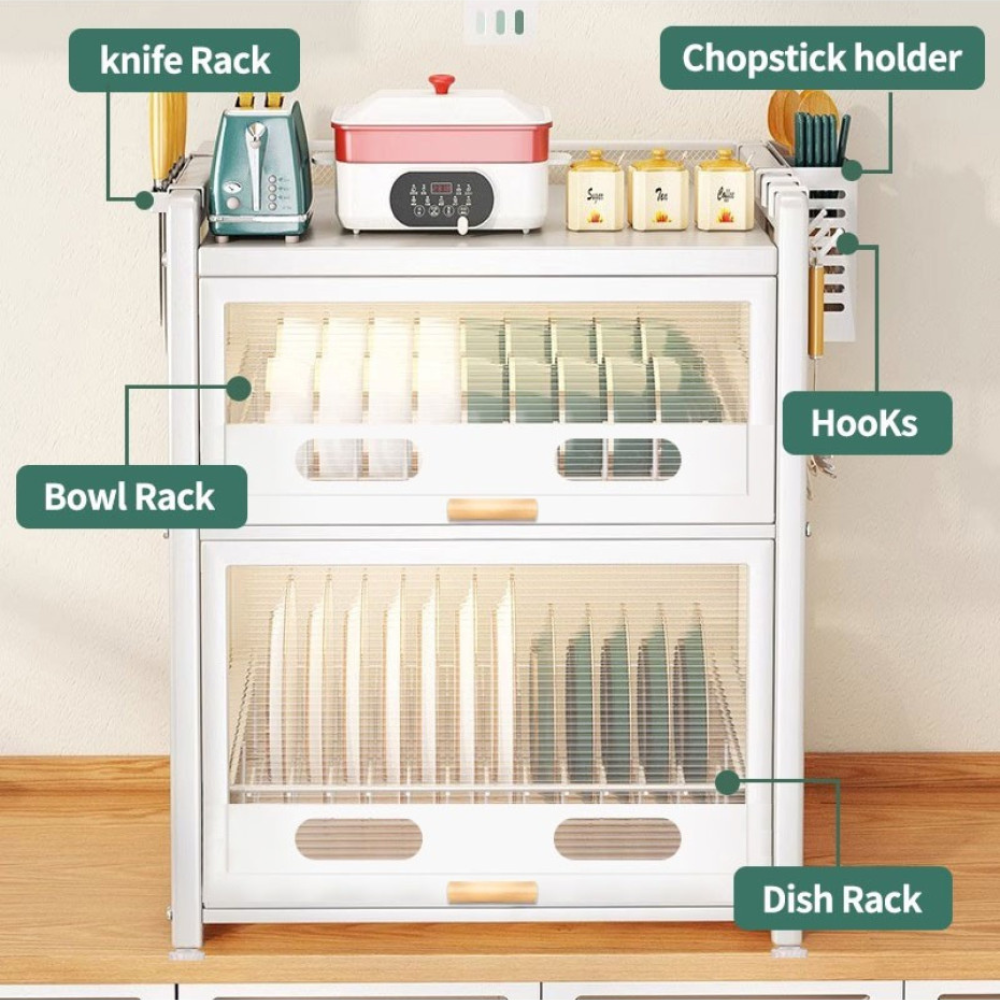 2-tier White Kitchen Dish Drying Rack With Cover And Utensil Holder