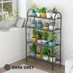 4-TIER METAL PLANT STAND – DARK GREY INDOOR & OUTDOOR PLANT SHELF – MULTI-TIER FLOWER POT HOLDER & SHOE RACK FOR BALCONY, GARDEN, LIVING ROOM