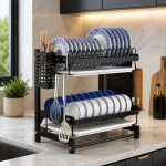 STAINLESS STEEL 2-TIER DISH DRYING RACK WITH UTENSIL AND CUTTING BOARD HOLDERS