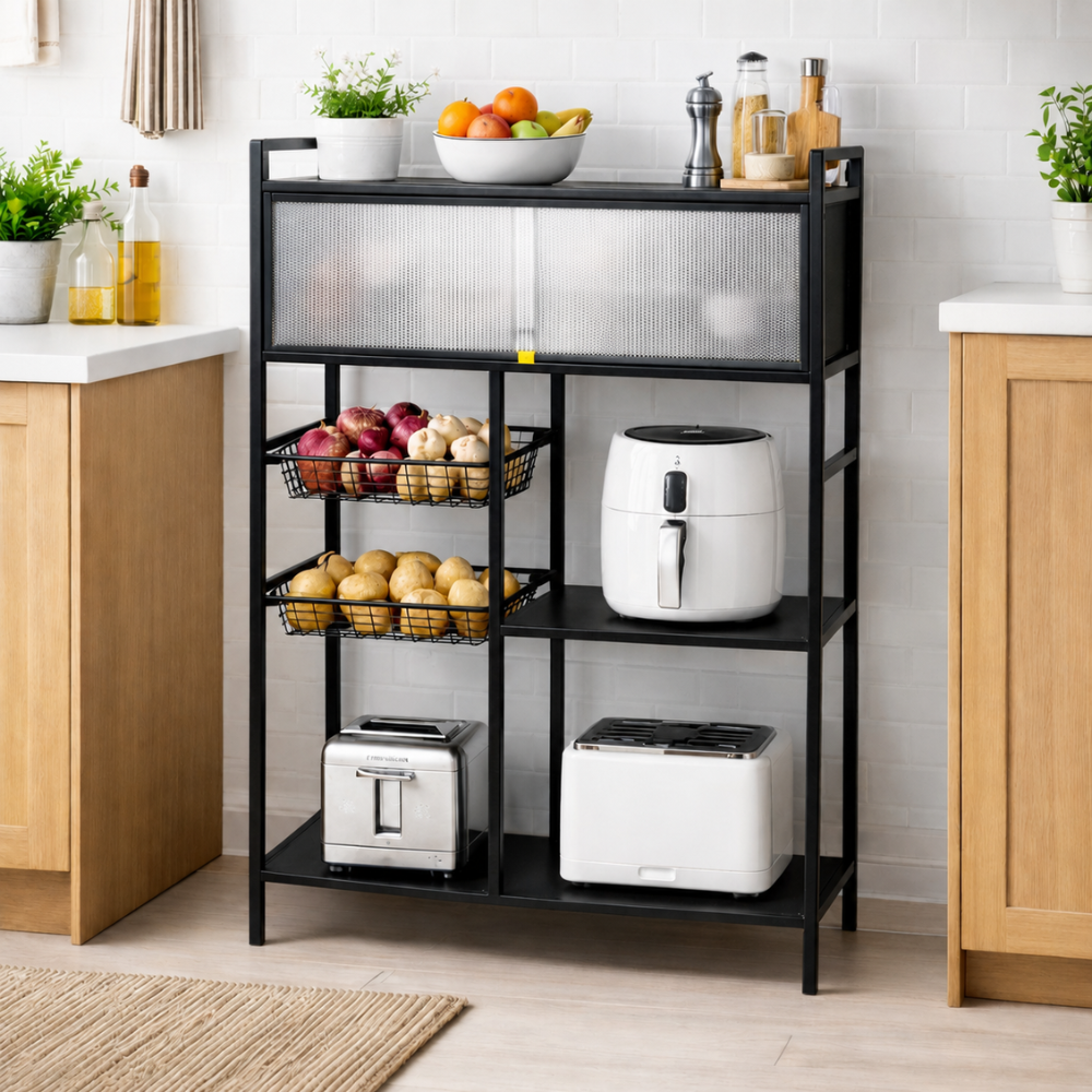 storage rack 4-TIER HEAVY-DUTY CARBON STEEL STORAGE RACK WITH ROTATABLE WHEELS FOR VERSATILE ORGANIZATION – L115 CM x D32CM x H125CM - Image 1