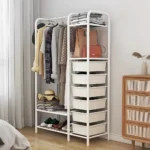 CLOTHES STORAGE STAND WITH PLASTIC DRAWERS & ROTATABLE WHEELS – PREMIUM CARBON STEEL, WHITE POWDER COATED ORGANIZER