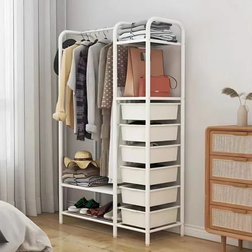 CLOTHES STORAGE STAND WITH PLASTIC DRAWERS & ROTATABLE WHEELS – PREMIUM CARBON STEEL, WHITE POWDER COATED ORGANIZER