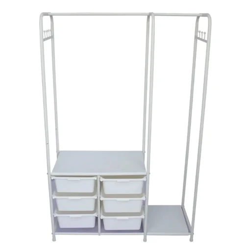 CLOTHES STORAGE STAND WITH PLASTIC DRAWERS & ROTATABLE WHEELS – DURABLE CARBON STEEL FRAME