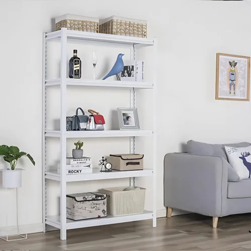 HEAVY-DUTY ADJUSTABLE WHITE SLOTTED ANGLE STEEL STORAGE RACK FOR HOME AND WORKSPACES