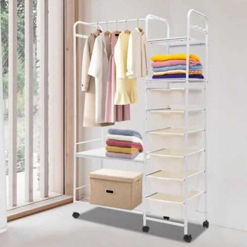 CLOTHES STORAGE STAND WITH PLASTIC DRAWERS & ROTATABLE WHEELS – PREMIUM CARBON STEEL, WHITE POWDER COATED ORGANIZER