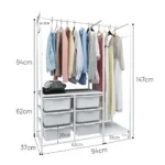 CLOTHES STORAGE STAND WITH PLASTIC DRAWERS & ROTATABLE WHEELS – DURABLE CARBON STEEL FRAME