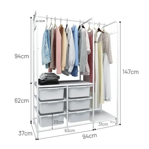 CLOTHES STORAGE STAND WITH PLASTIC DRAWERS & ROTATABLE WHEELS – DURABLE CARBON STEEL FRAME