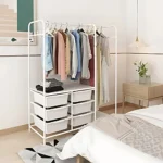 CLOTHES STORAGE STAND WITH PLASTIC DRAWERS & ROTATABLE WHEELS – DURABLE CARBON STEEL FRAME