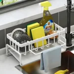 KITCHEN SINK SPONGE AND DISH CLOTH ORGANIZER, BRUSH AND SOAP DRAINING RACK, WITH STYLISH DRAIN TRAY