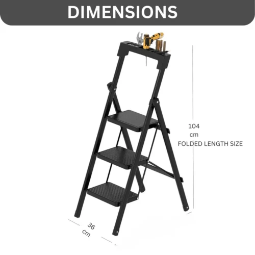 3-step folding ladder, portable step stool, armrest tool holder, 250 lbs weight capacity ladder, carbon steel ladder, wide anti-slip steps, space-saving ladder, lightweight step ladder, folding ladder for home, office step stool, kitchen step ladder, no assembly required ladder, compact folding ladder, durable step ladder, black powder-coated ladder, 3-step ladder for office, easy-to-store ladder, sturdy step stool, anti-slip folding ladder, ladder with tool holder, home use ladder.