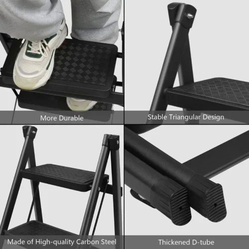 step ladder, 3 step folding ladder, portable step stool, anti-slip wide pedals, carbon steel ladder, black powder-coated ladder, space-saving ladder, no assembly ladder, home step ladder, kitchen step stool, office ladder, durable folding ladder, compact step ladder, wide step ladder, non-slip ladder.