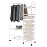 CLOTHES STORAGE STAND WITH PLASTIC DRAWERS & ROTATABLE WHEELS – PREMIUM CARBON STEEL, WHITE POWDER COATED ORGANIZER