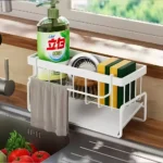 KITCHEN SINK SPONGE AND DISH CLOTH ORGANIZER, BRUSH AND SOAP DRAINING RACK, WITH STYLISH DRAIN TRAY