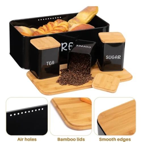 Upgrade your kitchen organization with the 4 PCS Set Bread Box with Sugar, Tea, Coffee Containers, designed to store bread, pastries, biscuits, and pantry essentials in an organized and stylish manner. This set features a bread box with a bamboo lid to keep your bread fresh, alongside three canisters for sugar, tea, and coffee. Its practical and elegant design makes it an excellent addition to your kitchen or dining area, offering both function and style. The bread box with bamboo lid provides a reliable solution for storing bread, keeping it fresh for longer. The containers for sugar, tea, and coffee are ideal for keeping your favorite ingredients within easy reach. The set comes in three beautiful colors—black, ivory, and red—to match various kitchen decors and styles. Whether you're storing your bread, tea, coffee, or sugar, this set ensures that your kitchen is neat, tidy, and well-organized. The 4-piece set bread box is made from high-quality materials that ensure durability, while the bamboo lid adds a touch of nature and elegance to the kitchen. Its spacious design also allows for easy access, making it convenient for daily use. Whether you are storing your bread, pastries, or dry foods, this set will keep your essentials safe and organized. KEY FEATURES: 4-PIECE SET: Includes a bread box with bamboo lid and containers for sugar, tea, and coffee. BAMBOO LID: Adds an eco-friendly and stylish touch to your kitchen while keeping bread fresh. MULTI-PURPOSE STORAGE: Ideal for storing bread, pastries, biscuits, and pantry essentials. DURABLE CONSTRUCTION: High-quality metal with a sturdy bamboo lid for long-lasting use. AVAILABLE COLORS: Choose from black, ivory, and red to match your kitchen decor. EASY ACCESS: Flip-top lids for easy and convenient access to your bread and pantry items. VERSATILE USE: Suitable for home kitchens, restaurants, cafes, and more. SPECIFICATIONS: Set Includes: 1 bread box with bamboo lid, 3 containers for sugar, tea, and coffee. Material: High-quality metal with a bamboo lid for the bread box. Storage Use: Perfect for storing bread, pastries, biscuits, sugar, tea, and coffee. Colors Available: Black, Ivory, Red. Dimensions: (Specify dimensions of each item). Cleaning: Easy to clean and maintain with a wipeable surface. For the best prices, fast delivery, and excellent customer service, Racks.lk is the ideal place to buy your 4 PCS Set Bread Box with Sugar, Tea, and Coffee Containers in Sri Lanka.