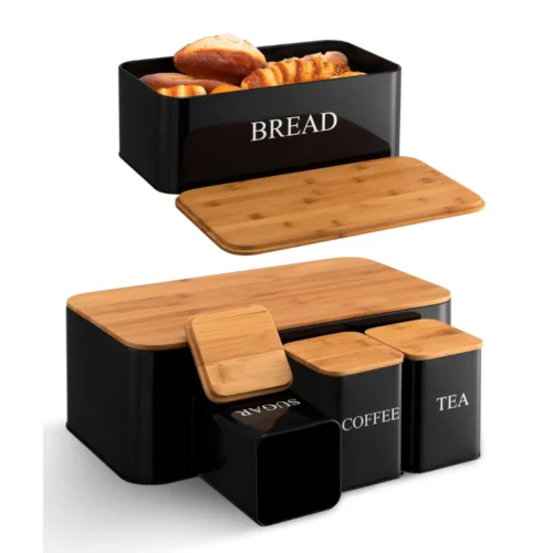 Upgrade your kitchen organization with the 4 PCS Set Bread Box with Sugar, Tea, Coffee Containers, designed to store bread, pastries, biscuits, and pantry essentials in an organized and stylish manner. This set features a bread box with a bamboo lid to keep your bread fresh, alongside three canisters for sugar, tea, and coffee. Its practical and elegant design makes it an excellent addition to your kitchen or dining area, offering both function and style. The bread box with bamboo lid provides a reliable solution for storing bread, keeping it fresh for longer. The containers for sugar, tea, and coffee are ideal for keeping your favorite ingredients within easy reach. The set comes in three beautiful colors—black, ivory, and red—to match various kitchen decors and styles. Whether you're storing your bread, tea, coffee, or sugar, this set ensures that your kitchen is neat, tidy, and well-organized. The 4-piece set bread box is made from high-quality materials that ensure durability, while the bamboo lid adds a touch of nature and elegance to the kitchen. Its spacious design also allows for easy access, making it convenient for daily use. Whether you are storing your bread, pastries, or dry foods, this set will keep your essentials safe and organized. KEY FEATURES: 4-PIECE SET: Includes a bread box with bamboo lid and containers for sugar, tea, and coffee. BAMBOO LID: Adds an eco-friendly and stylish touch to your kitchen while keeping bread fresh. MULTI-PURPOSE STORAGE: Ideal for storing bread, pastries, biscuits, and pantry essentials. DURABLE CONSTRUCTION: High-quality metal with a sturdy bamboo lid for long-lasting use. AVAILABLE COLORS: Choose from black, ivory, and red to match your kitchen decor. EASY ACCESS: Flip-top lids for easy and convenient access to your bread and pantry items. VERSATILE USE: Suitable for home kitchens, restaurants, cafes, and more. SPECIFICATIONS: Set Includes: 1 bread box with bamboo lid, 3 containers for sugar, tea, and coffee. Material: High-quality metal with a bamboo lid for the bread box. Storage Use: Perfect for storing bread, pastries, biscuits, sugar, tea, and coffee. Colors Available: Black, Ivory, Red. Dimensions: (Specify dimensions of each item). Cleaning: Easy to clean and maintain with a wipeable surface. For the best prices, fast delivery, and excellent customer service, Racks.lk is the ideal place to buy your 4 PCS Set Bread Box with Sugar, Tea, and Coffee Containers in Sri Lanka.