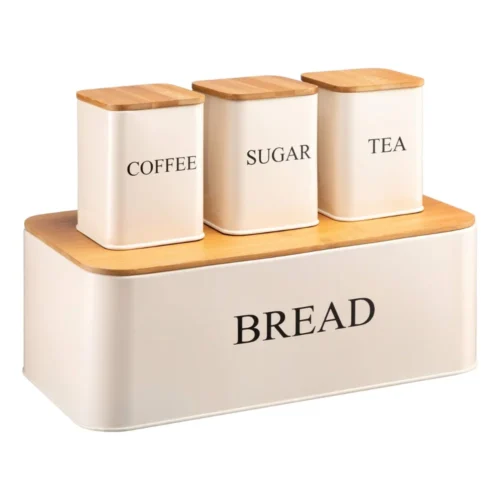 Upgrade your kitchen organization with the 4 PCS Set Bread Box with Sugar, Tea, Coffee Containers, designed to store bread, pastries, biscuits, and pantry essentials in an organized and stylish manner. This set features a bread box with a bamboo lid to keep your bread fresh, alongside three canisters for sugar, tea, and coffee. Its practical and elegant design makes it an excellent addition to your kitchen or dining area, offering both function and style. The bread box with bamboo lid provides a reliable solution for storing bread, keeping it fresh for longer. The containers for sugar, tea, and coffee are ideal for keeping your favorite ingredients within easy reach. The set comes in three beautiful colors—black, ivory, and red—to match various kitchen decors and styles. Whether you're storing your bread, tea, coffee, or sugar, this set ensures that your kitchen is neat, tidy, and well-organized. The 4-piece set bread box is made from high-quality materials that ensure durability, while the bamboo lid adds a touch of nature and elegance to the kitchen. Its spacious design also allows for easy access, making it convenient for daily use. Whether you are storing your bread, pastries, or dry foods, this set will keep your essentials safe and organized. KEY FEATURES: 4-PIECE SET: Includes a bread box with bamboo lid and containers for sugar, tea, and coffee. BAMBOO LID: Adds an eco-friendly and stylish touch to your kitchen while keeping bread fresh. MULTI-PURPOSE STORAGE: Ideal for storing bread, pastries, biscuits, and pantry essentials. DURABLE CONSTRUCTION: High-quality metal with a sturdy bamboo lid for long-lasting use. AVAILABLE COLORS: Choose from black, ivory, and red to match your kitchen decor. EASY ACCESS: Flip-top lids for easy and convenient access to your bread and pantry items. VERSATILE USE: Suitable for home kitchens, restaurants, cafes, and more. SPECIFICATIONS: Set Includes: 1 bread box with bamboo lid, 3 containers for sugar, tea, and coffee. Material: High-quality metal with a bamboo lid for the bread box. Storage Use: Perfect for storing bread, pastries, biscuits, sugar, tea, and coffee. Colors Available: Black, Ivory, Red. Dimensions: (Specify dimensions of each item). Cleaning: Easy to clean and maintain with a wipeable surface. For the best prices, fast delivery, and excellent customer service, Racks.lk is the ideal place to buy your 4 PCS Set Bread Box with Sugar, Tea, and Coffee Containers in Sri Lanka.