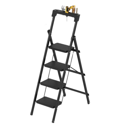 4-step folding ladder, portable step stool, armrest tool holder, 250 lbs weight capacity ladder, carbon steel ladder, wide anti-slip steps, space-saving ladder, lightweight step ladder, folding ladder for home, office step stool, kitchen step ladder, no assembly required ladder, compact step ladder, sturdy step stool, anti-slip folding ladder, ladder with tool holder, home use ladder, foldable ladder for office, easy-to-store ladder.