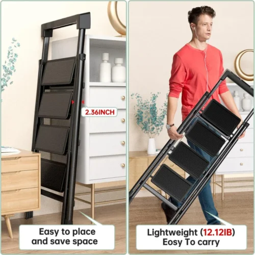 4-step folding ladder, portable step stool, armrest tool holder, 250 lbs weight capacity ladder, carbon steel ladder, wide anti-slip steps, space-saving ladder, lightweight step ladder, folding ladder for home, office step stool, kitchen step ladder, no assembly required ladder, compact step ladder, sturdy step stool, anti-slip folding ladder, ladder with tool holder, home use ladder, foldable ladder for office, easy-to-store ladder.