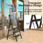 4-step folding ladder, portable step stool, armrest tool holder, 250 lbs weight capacity ladder, carbon steel ladder, wide anti-slip steps, space-saving ladder, lightweight step ladder, folding ladder for home, office step stool, kitchen step ladder, no assembly required ladder, compact step ladder, sturdy step stool, anti-slip folding ladder, ladder with tool holder, home use ladder, foldable ladder for office, easy-to-store ladder.