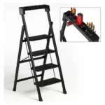 4-step folding ladder, portable step stool, armrest tool holder, 250 lbs weight capacity ladder, carbon steel ladder, wide anti-slip steps, space-saving ladder, lightweight step ladder, folding ladder for home, office step stool, kitchen step ladder, no assembly required ladder, compact step ladder, sturdy step stool, anti-slip folding ladder, ladder with tool holder, home use ladder, foldable ladder for office, easy-to-store ladder.