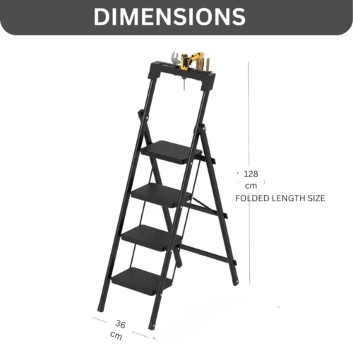 4-step folding ladder, portable step stool, armrest tool holder, 250 lbs weight capacity ladder, carbon steel ladder, wide anti-slip steps, space-saving ladder, lightweight step ladder, folding ladder for home, office step stool, kitchen step ladder, no assembly required ladder, compact step ladder, sturdy step stool, anti-slip folding ladder, ladder with tool holder, home use ladder, foldable ladder for office, easy-to-store ladder.